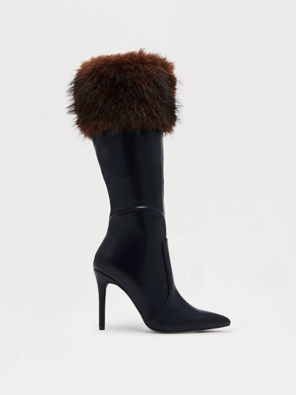 Fashion Nova Black Stiletto Knee Boot with Brown Fur Cuff